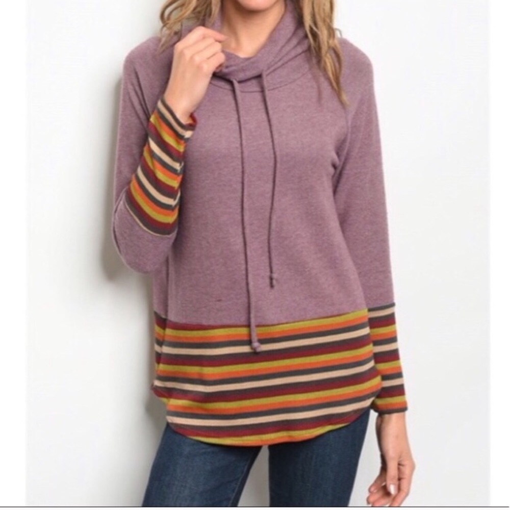 New Purple Striped Long Sleeve light weight Funnel Mock neck sweater Tunic Top